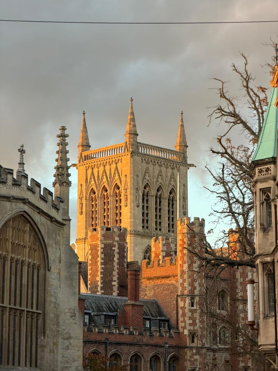 St John's College chapel tower at golden hour, Cambridge